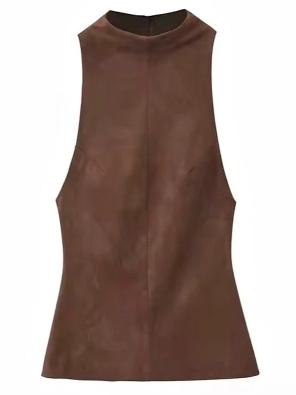 Faux Suede Top Brown Sleeveless Mock Neck